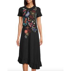 JOHNNY WAS Cora Embroidered Floral Knit Crew Neck Short Sleeve Asymmetrical Ruff